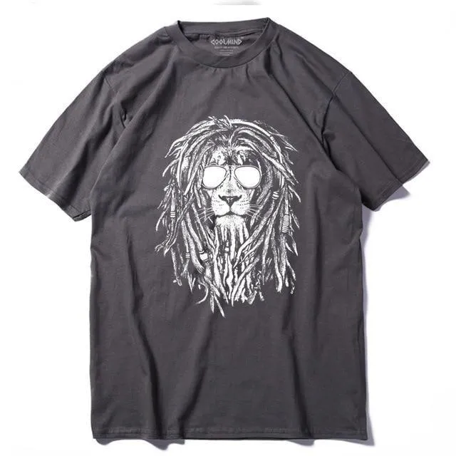 100% Cotton Cool Lion Print Casual O-neck Summer Loose T-shirt for Men