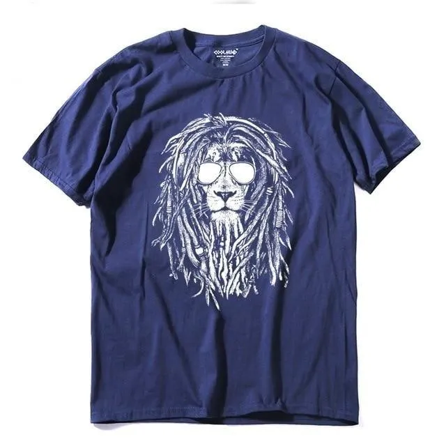 100% Cotton Cool Lion Print Casual O-neck Summer Loose T-shirt for Men