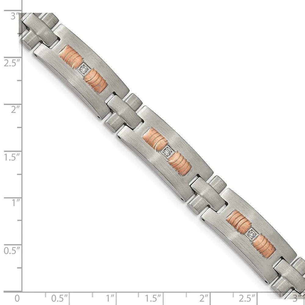 11mm Stainless Steel & CZ Brushed & Rose Plated Link Bracelet, 8.5 In