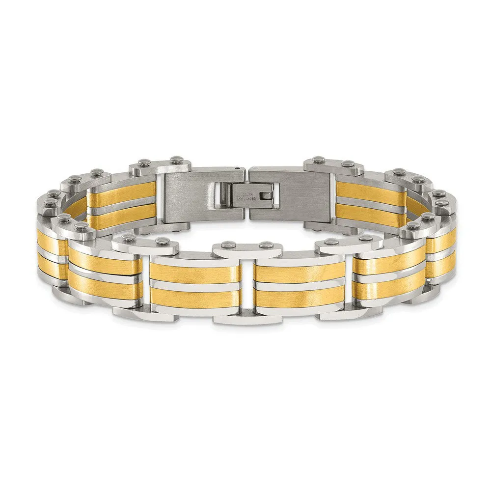 14.5mm Stainless Steel & Gold Tone Plated Link Bracelet, 8.25 Inch