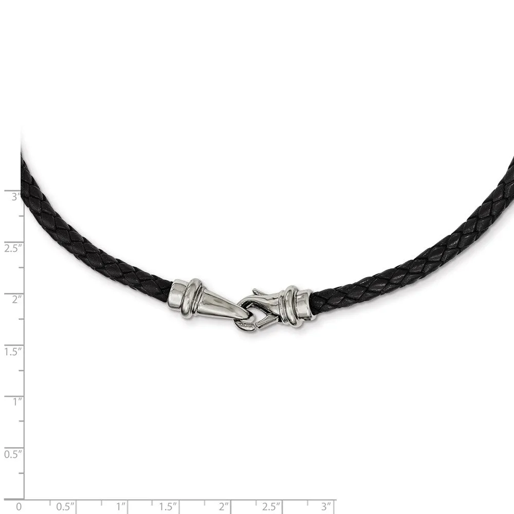 5mm Woven Black Leather Stainless Steel Cord Chain Necklace, 19.5 Inch