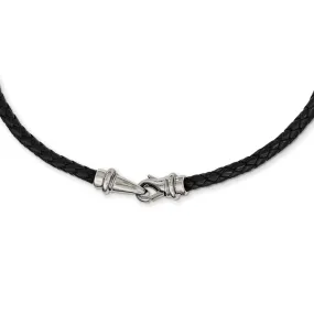 5mm Woven Black Leather Stainless Steel Cord Chain Necklace, 19.5 Inch