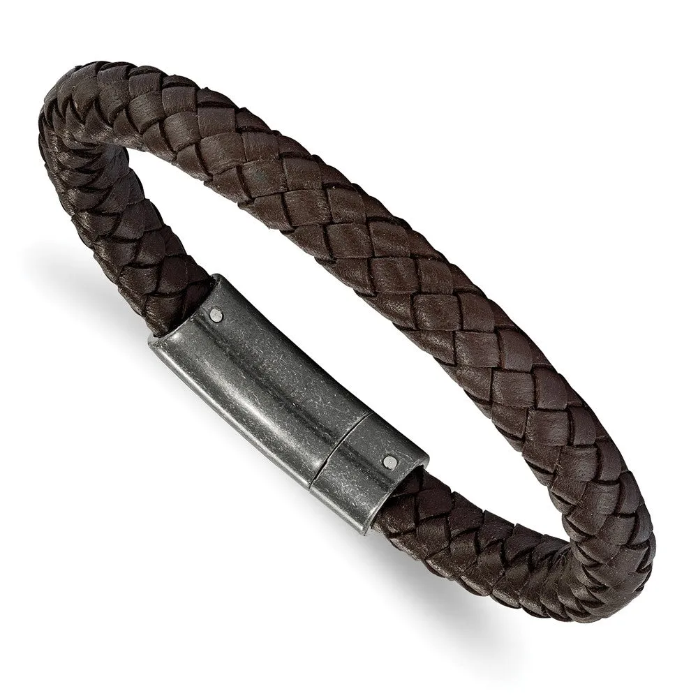 7.8mm Stainless Steel Black or Brown Braided Leather Bracelet, 8.25 In