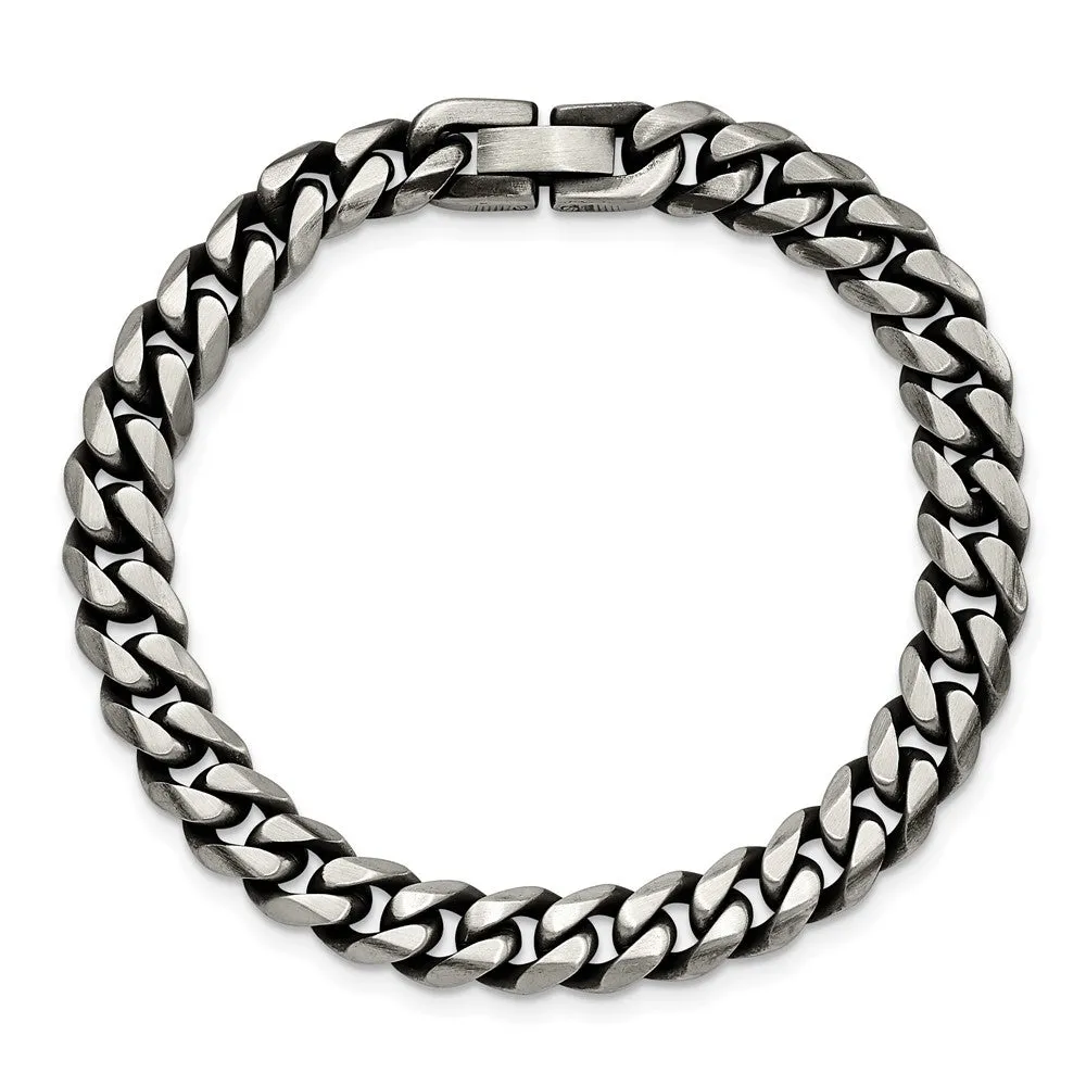 9mm Stainless Steel Antiqued Beveled Curb Chain Bracelet, 8.25 Inch