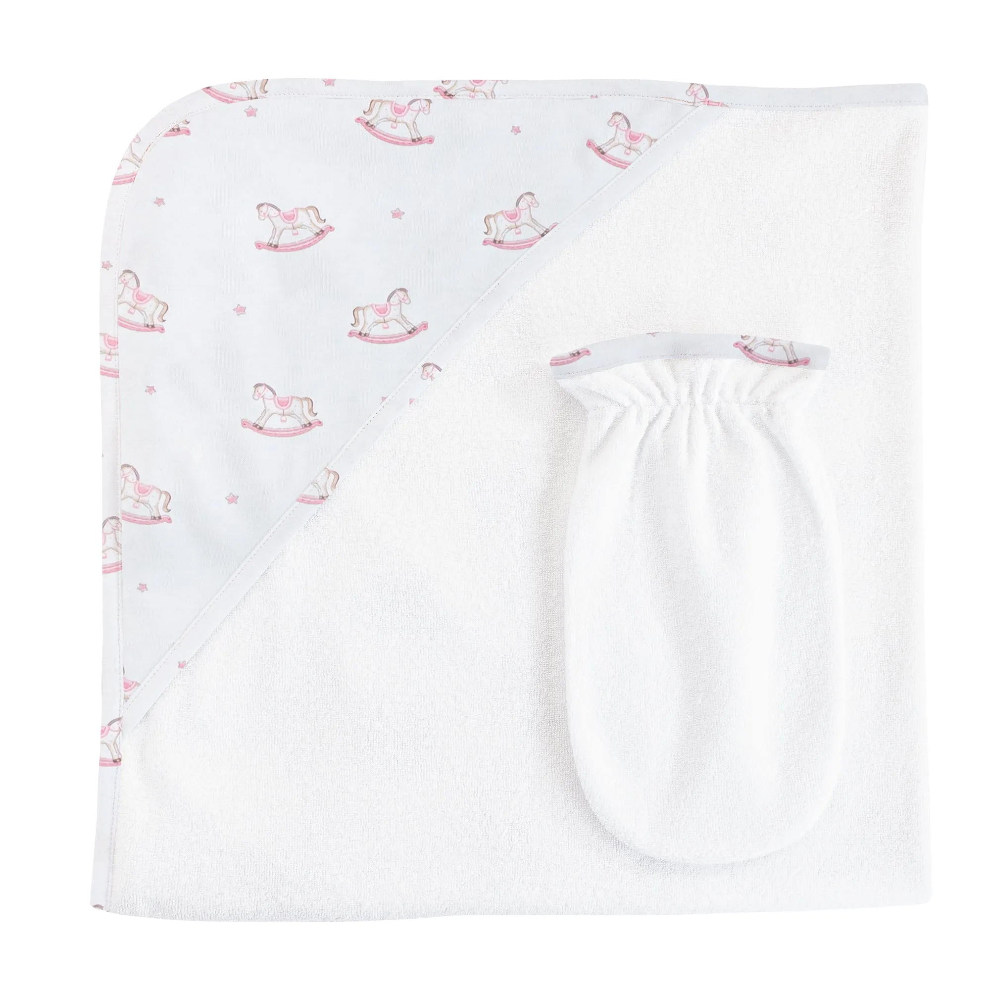 Baby Club Chic Rocking Horse Hooded Towel & Mitt Set (Pink and Blue Colors Available)