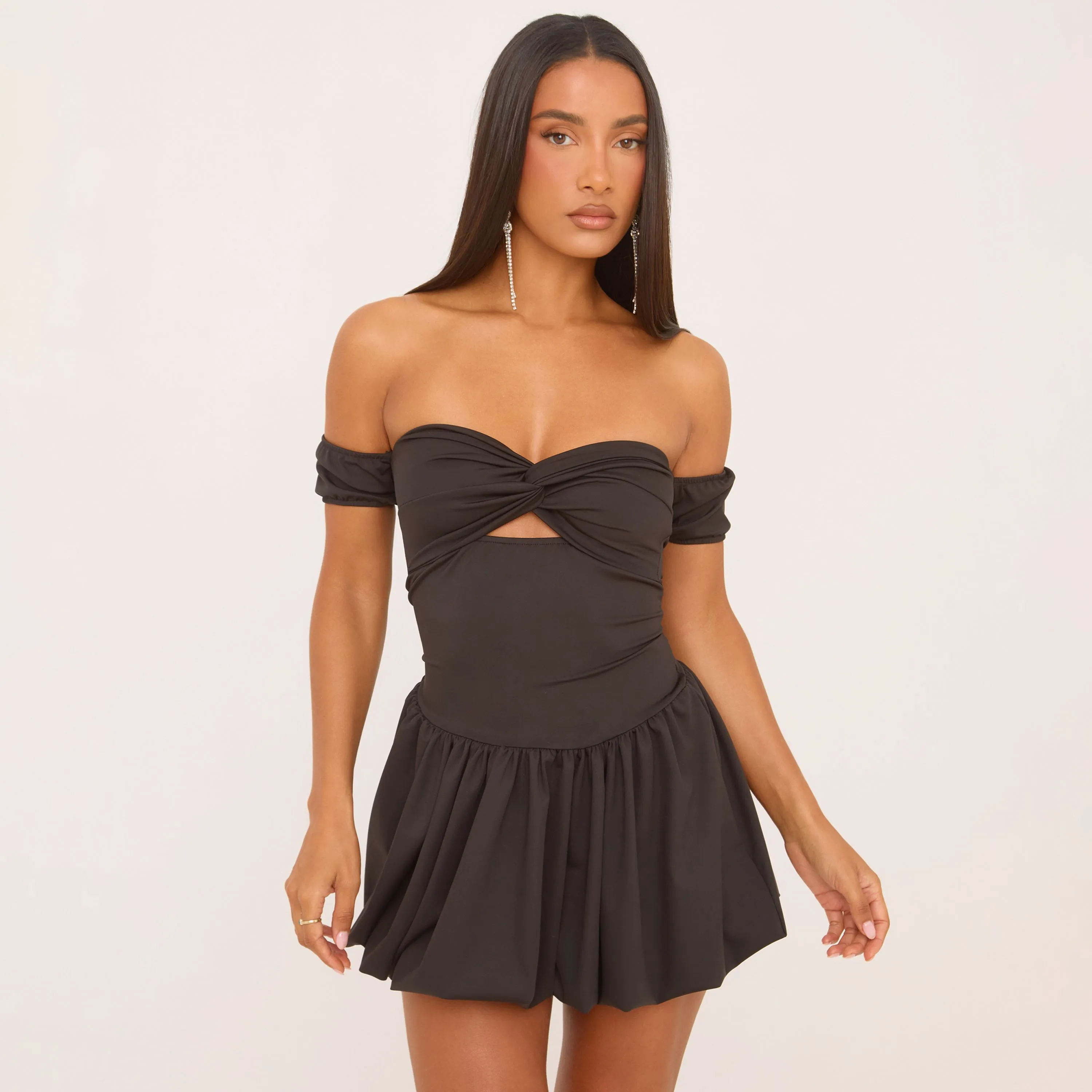 Bardot Twist Bust Puffball Mini Dress In Black