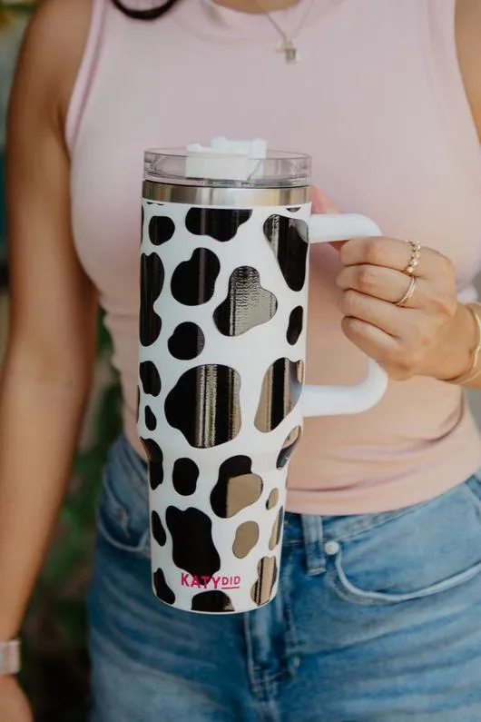 Black/White Cow Print Insulated Tumbler Cup with Handle