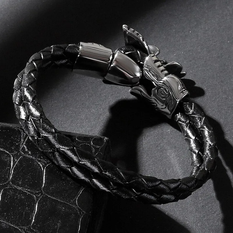 Braided Leather Punk Feather Wings Skull Bracelet