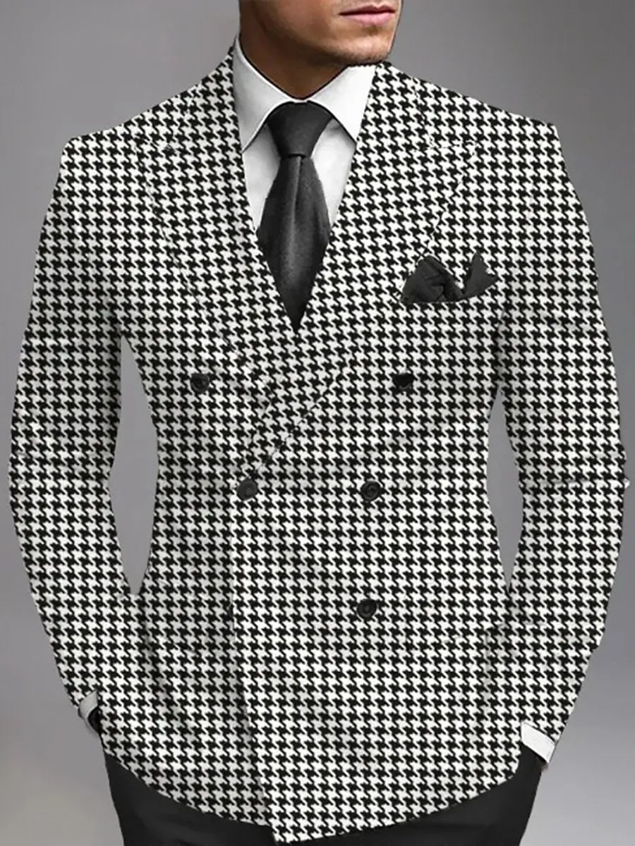 Business Allover Houndstooth Pattern Peaked Lapel Double Breasted Blazer