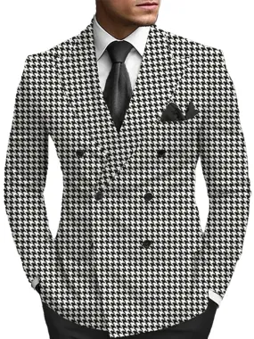 Business Allover Houndstooth Pattern Peaked Lapel Double Breasted Blazer