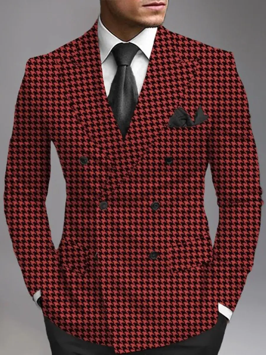 Business Allover Houndstooth Pattern Peaked Lapel Double Breasted Blazer