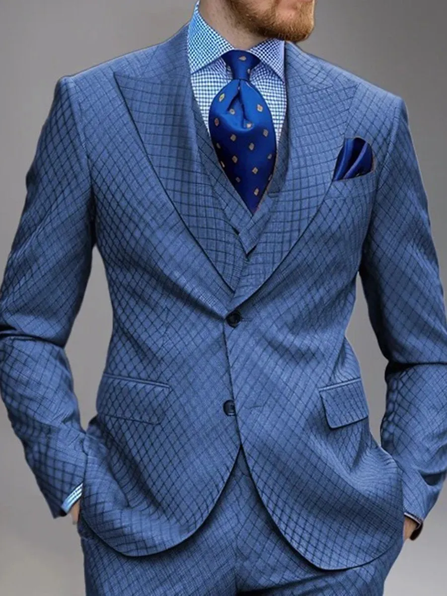 Business Peaked Lapel Buttons Plaid Pattern Blazer