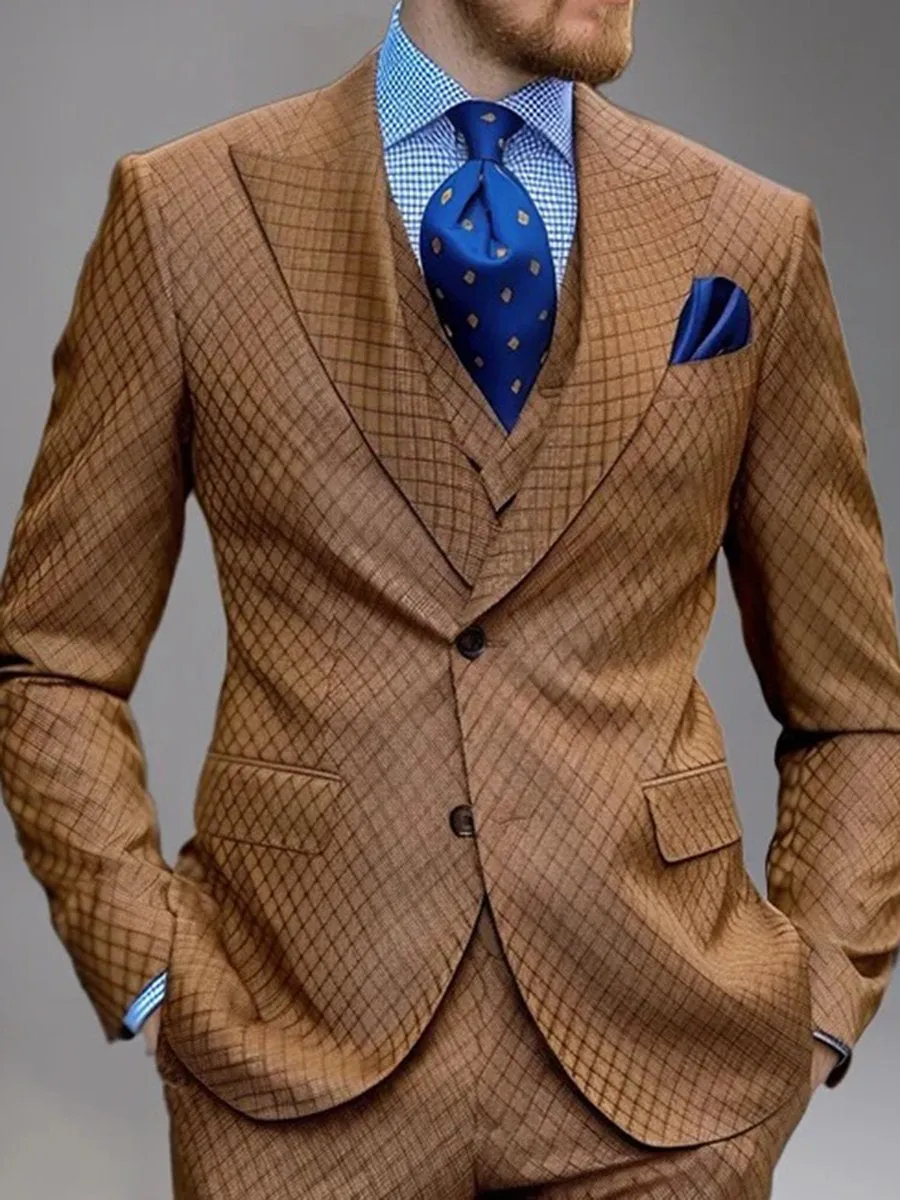 Business Peaked Lapel Buttons Plaid Pattern Blazer