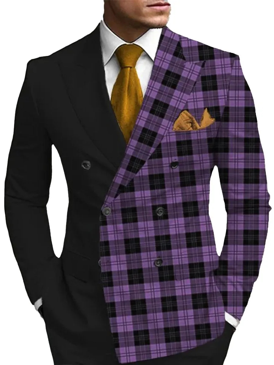 Business Plaid Patchwork Double Breasted Peaked Lapel Blazer