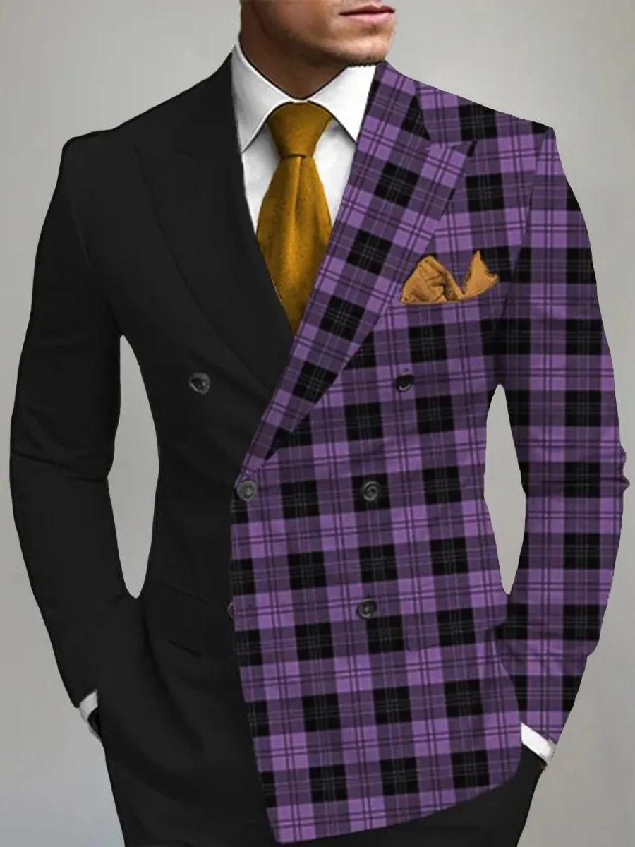 Business Plaid Patchwork Double Breasted Peaked Lapel Blazer