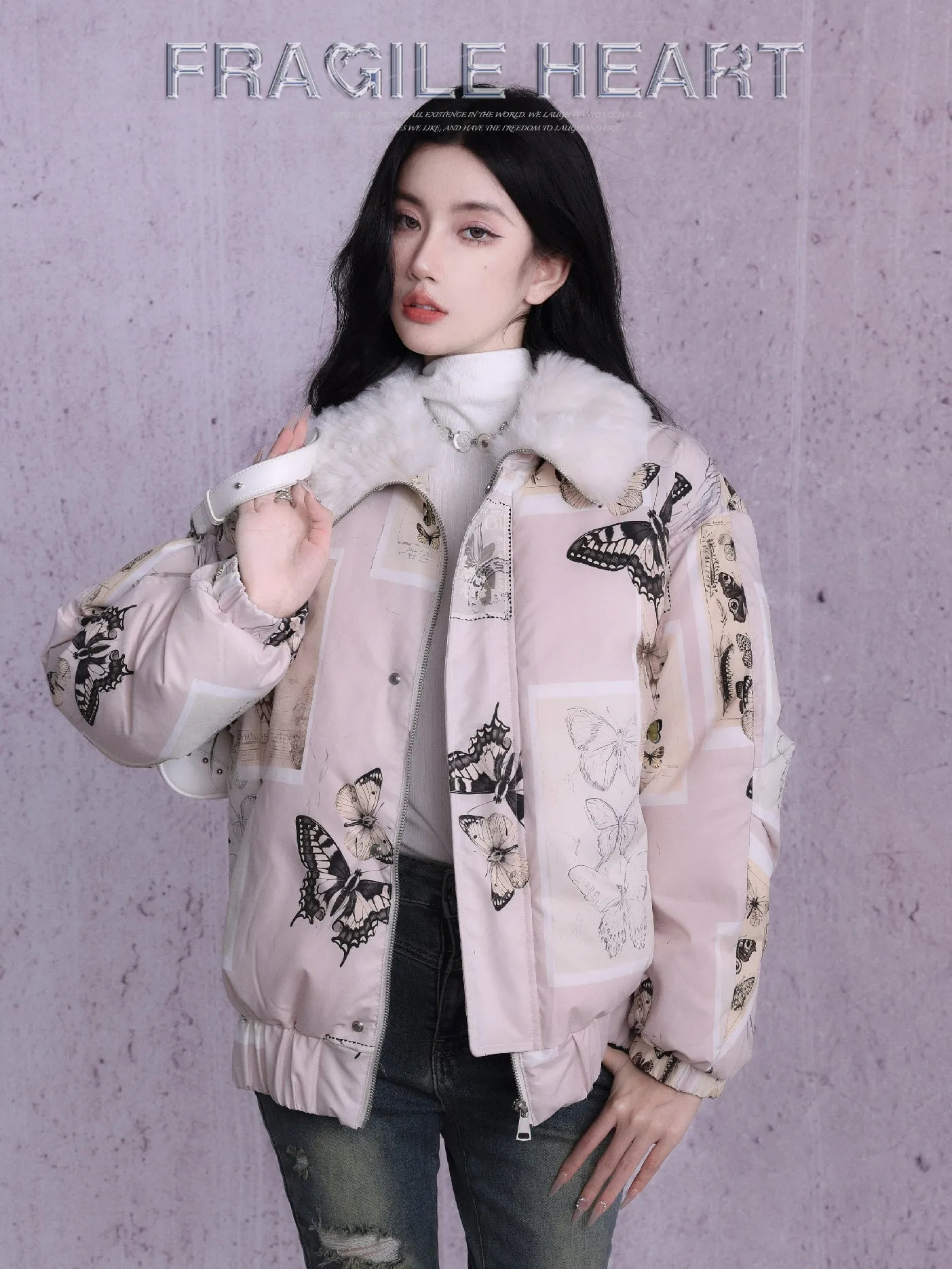 Butterfly Quilting Fur-Collar Retro Down-Jacket