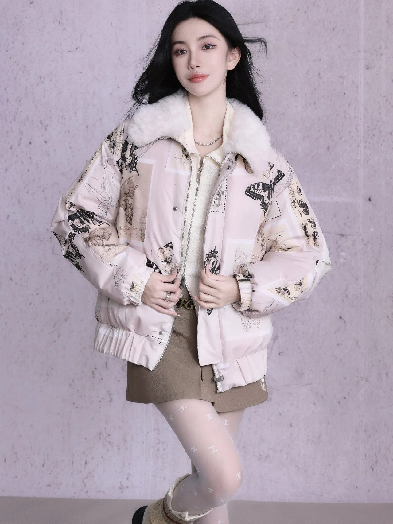 Butterfly Quilting Fur-Collar Retro Down-Jacket