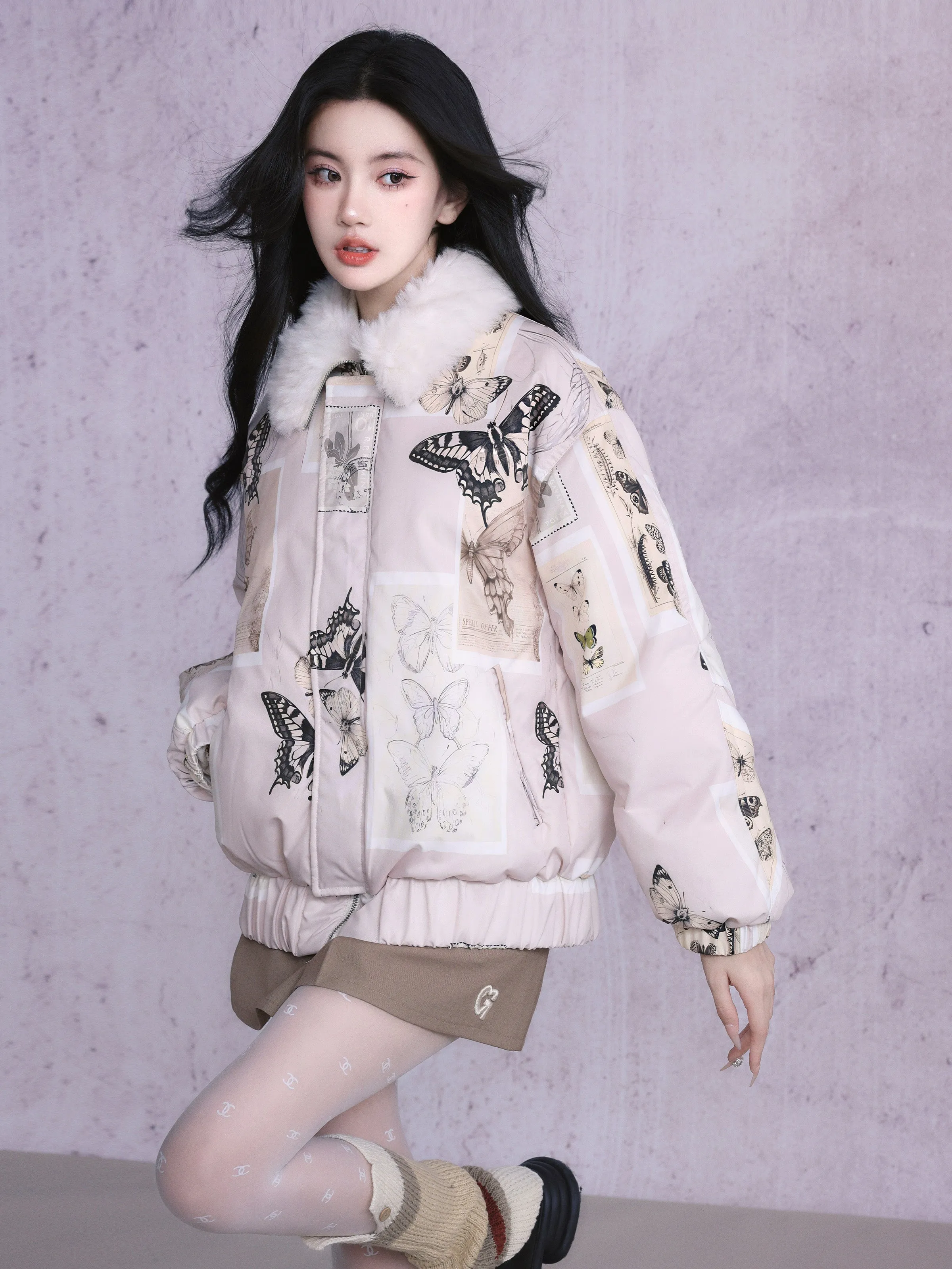 Butterfly Quilting Fur-Collar Retro Down-Jacket