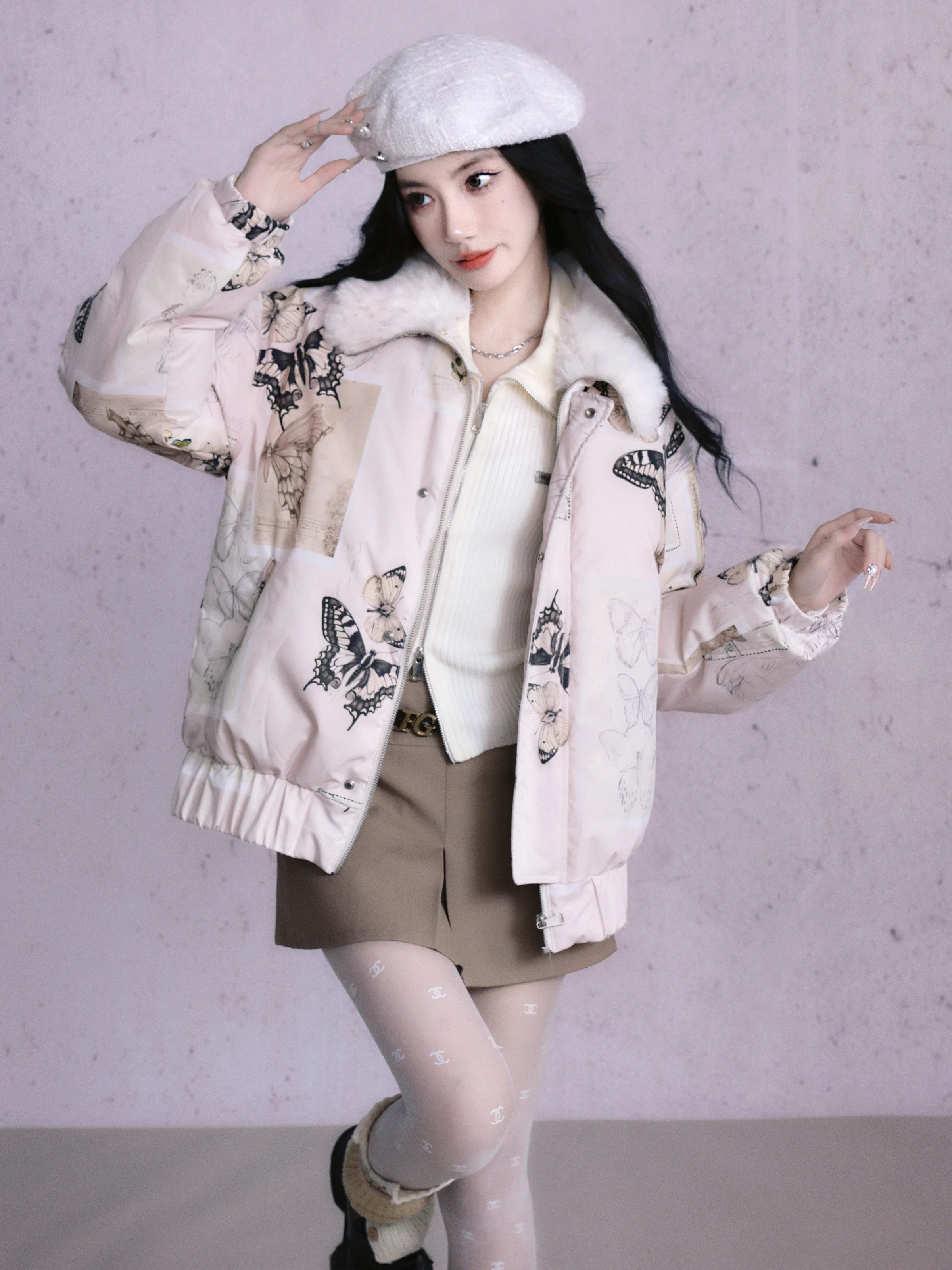 Butterfly Quilting Fur-Collar Retro Down-Jacket