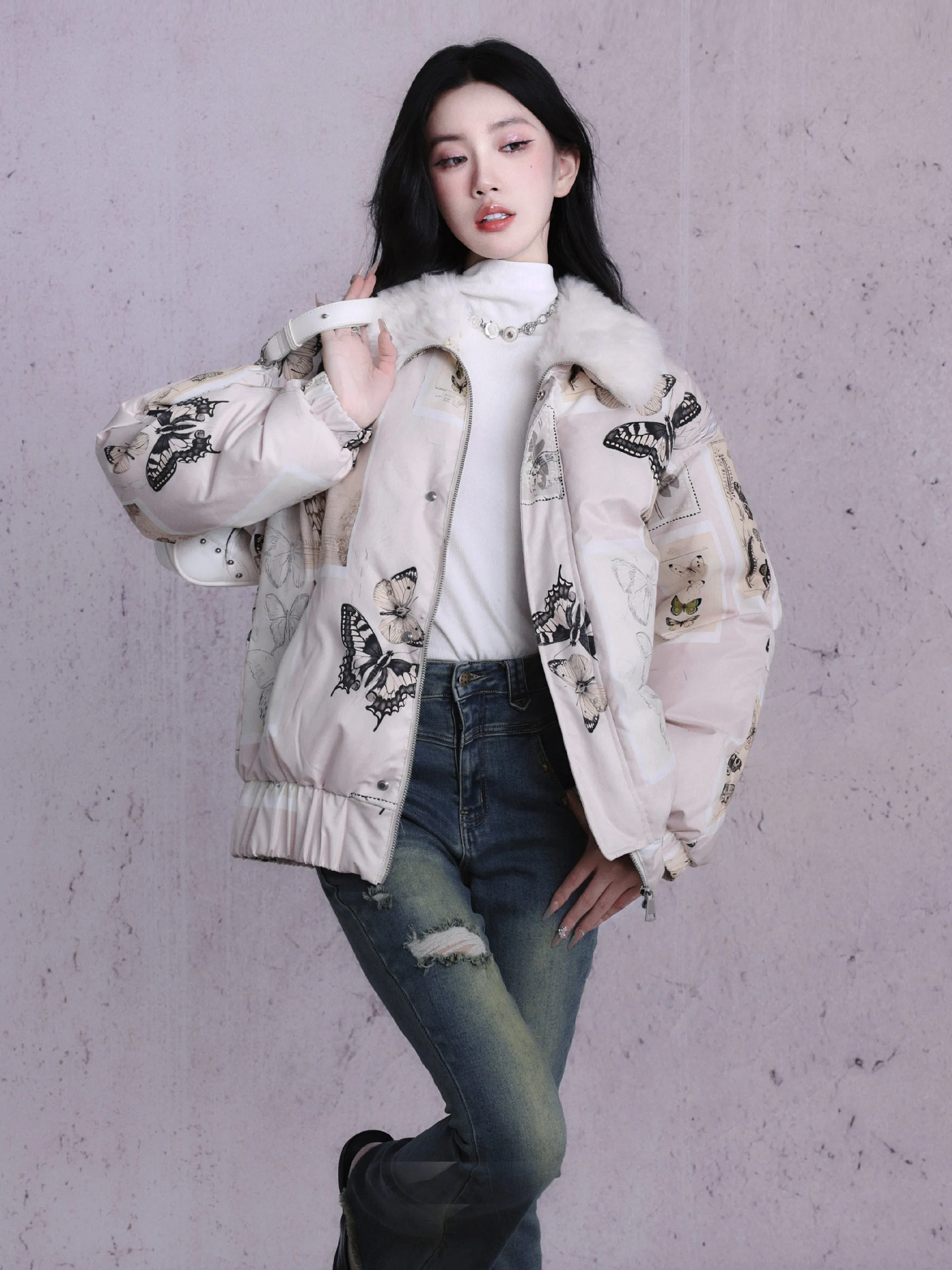 Butterfly Quilting Fur-Collar Retro Down-Jacket