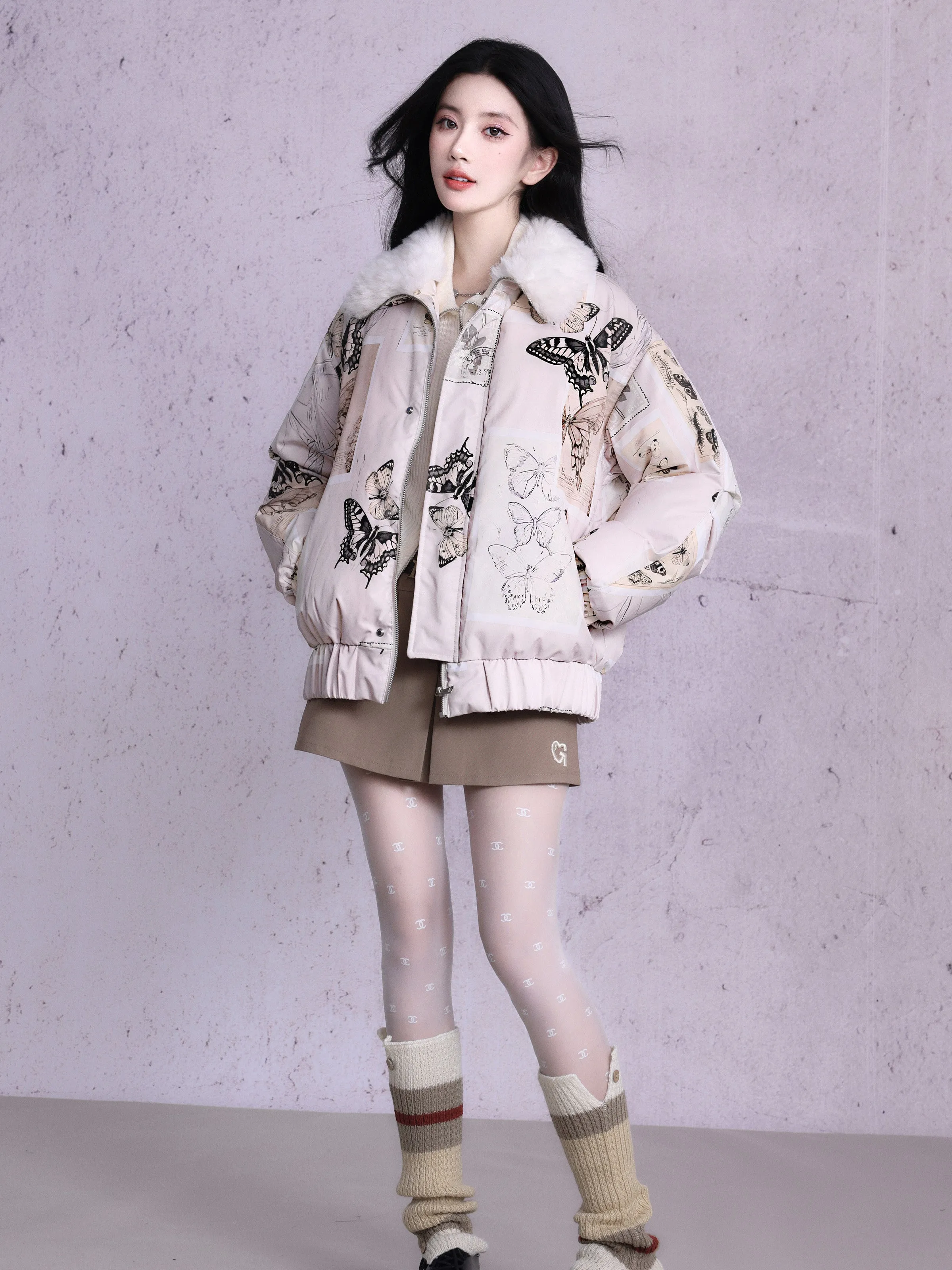 Butterfly Quilting Fur-Collar Retro Down-Jacket