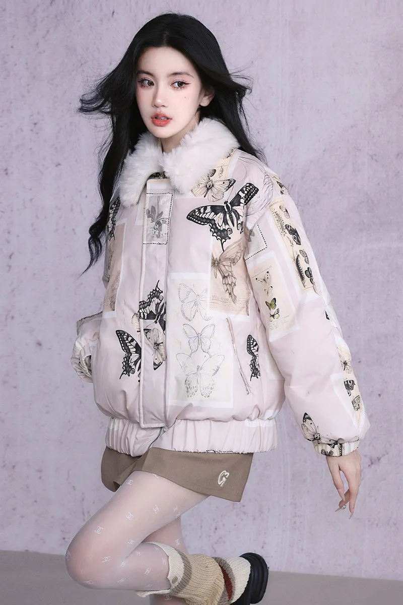 Butterfly Quilting Fur-Collar Retro Down-Jacket