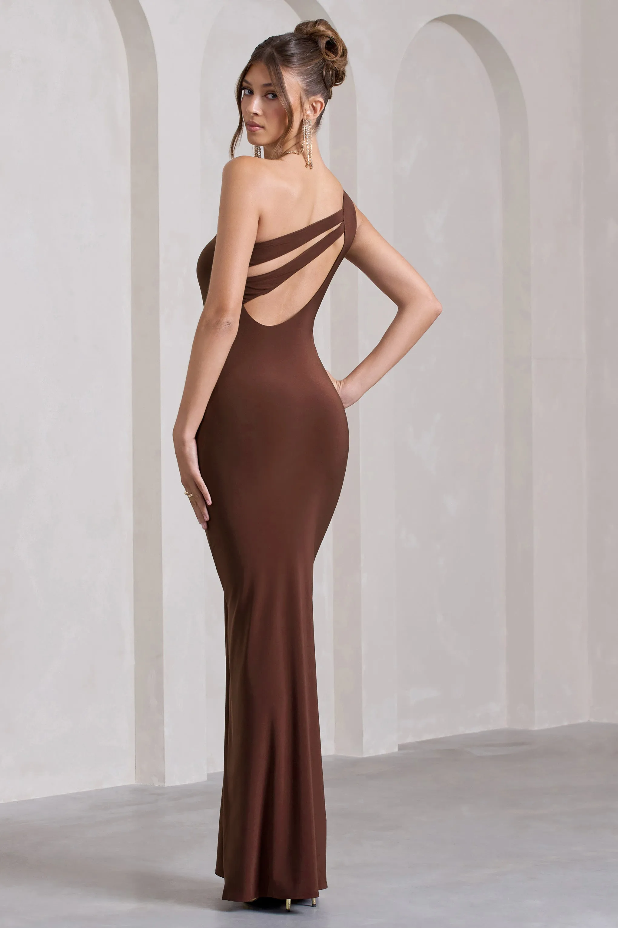 Coralina | Chocolate Brown One Shoulder Open-Back Split Maxi Dress