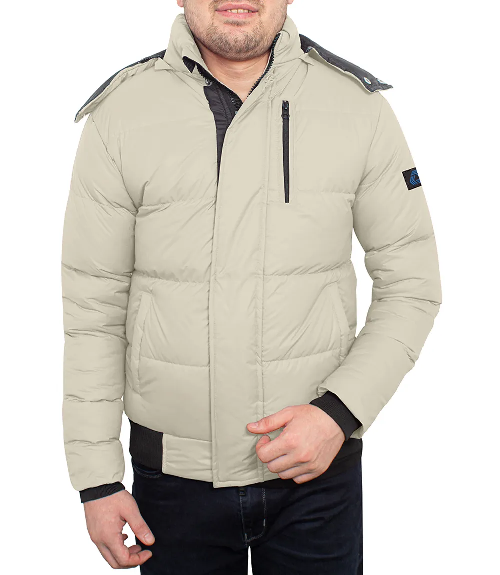 Cream Mens Puffer Jacket With Faux Fur Hood