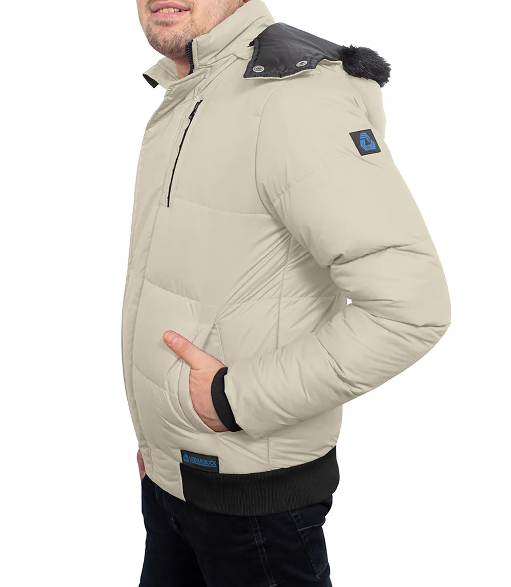 Cream Mens Puffer Jacket With Faux Fur Hood