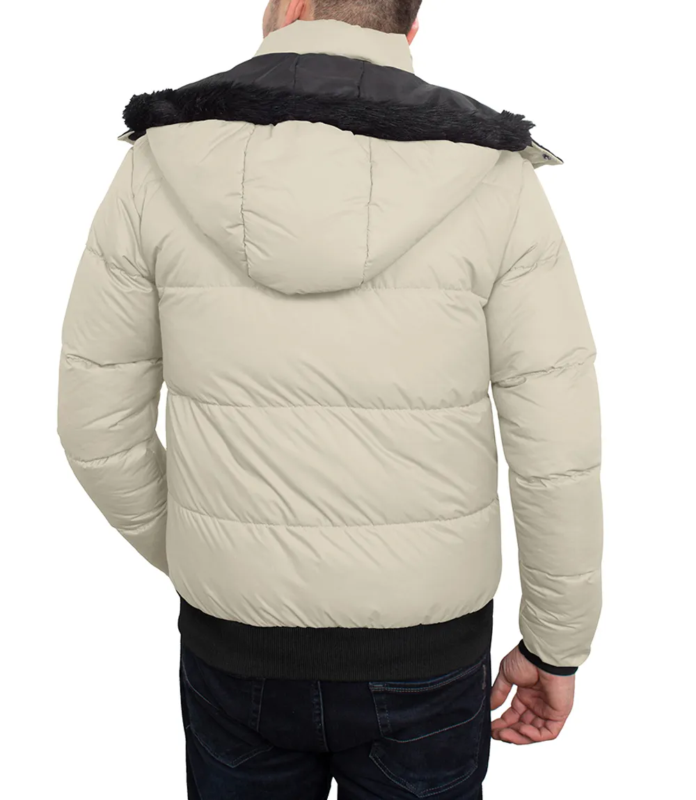 Cream Mens Puffer Jacket With Faux Fur Hood