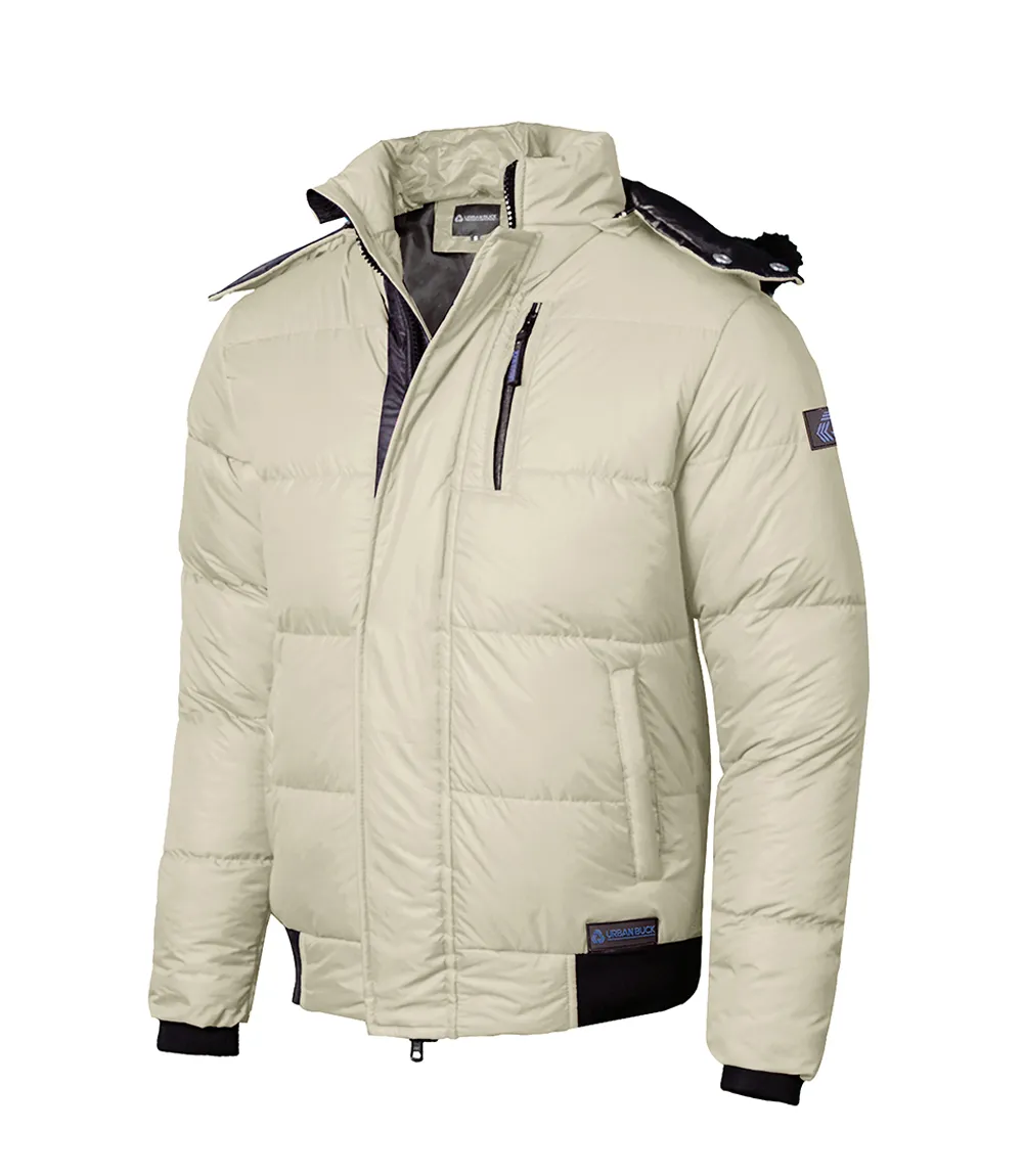 Cream Mens Puffer Jacket With Faux Fur Hood