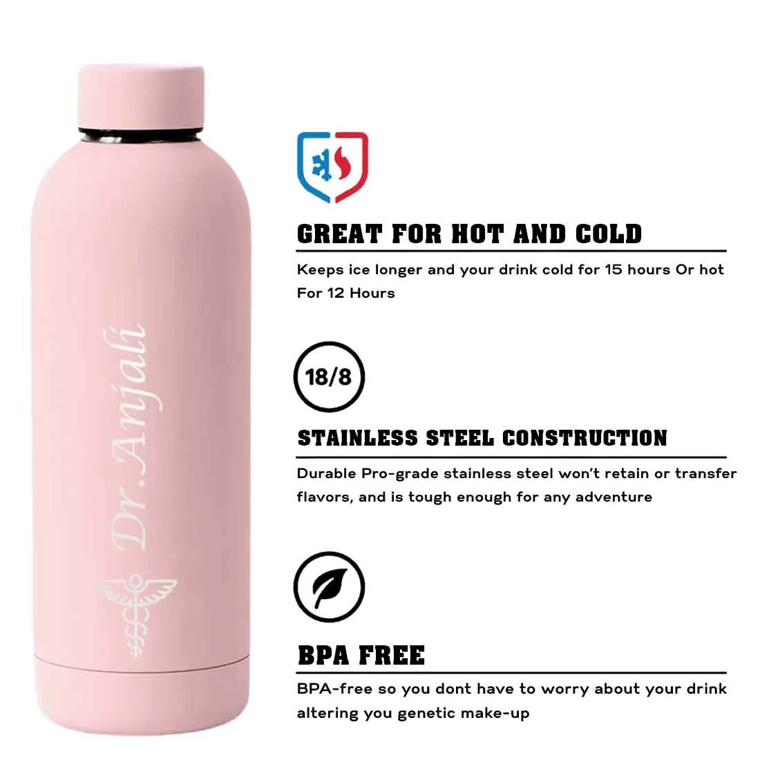 Custom Insulated Water Bottles for Doctors - Stainless Steel, BPA-Free, Leakproof Water Bottles for Travel, Hospital, Gym, and H