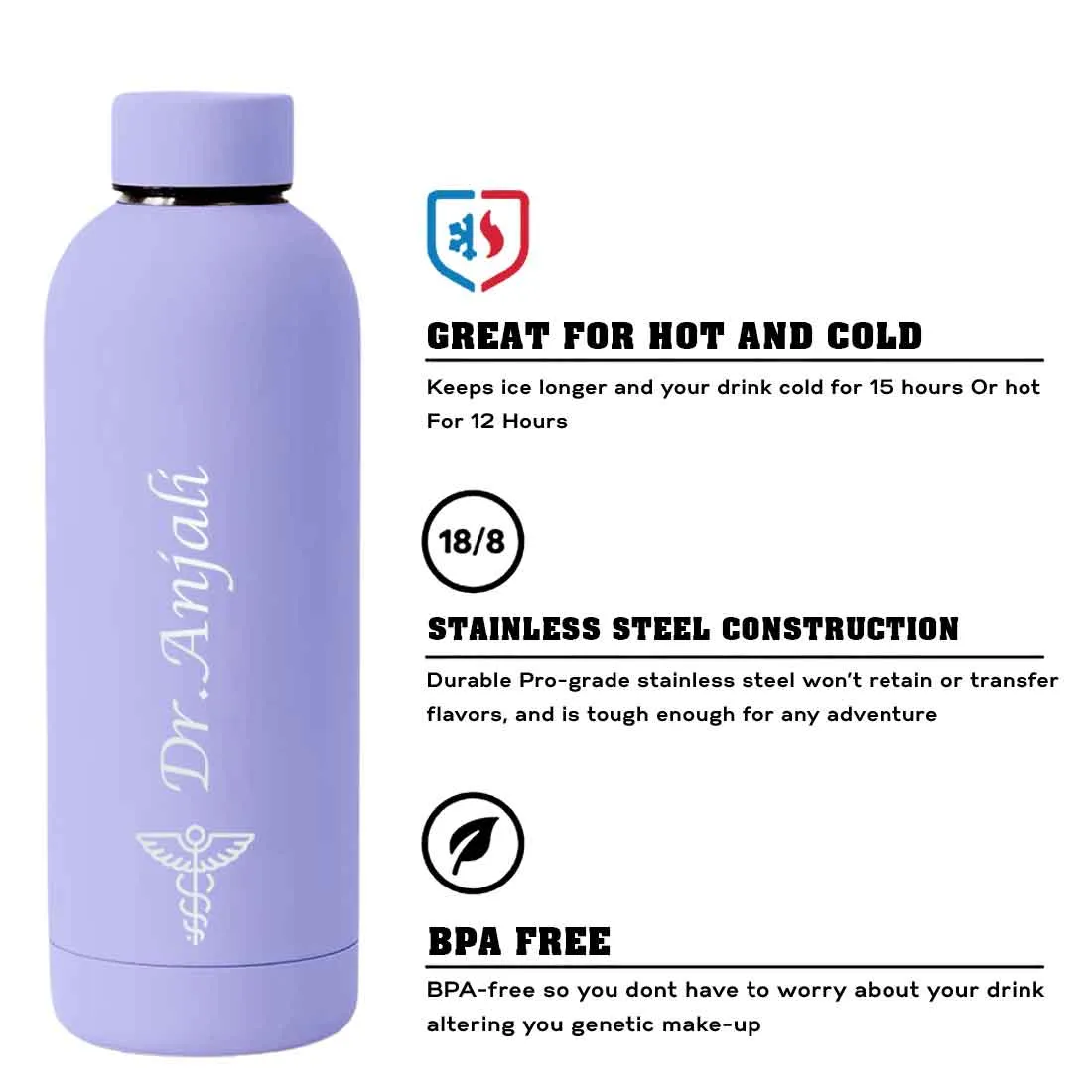 Custom Insulated Water Bottles for Doctors - Stainless Steel, BPA-Free, Leakproof Water Bottles for Travel, Hospital, Gym, and H