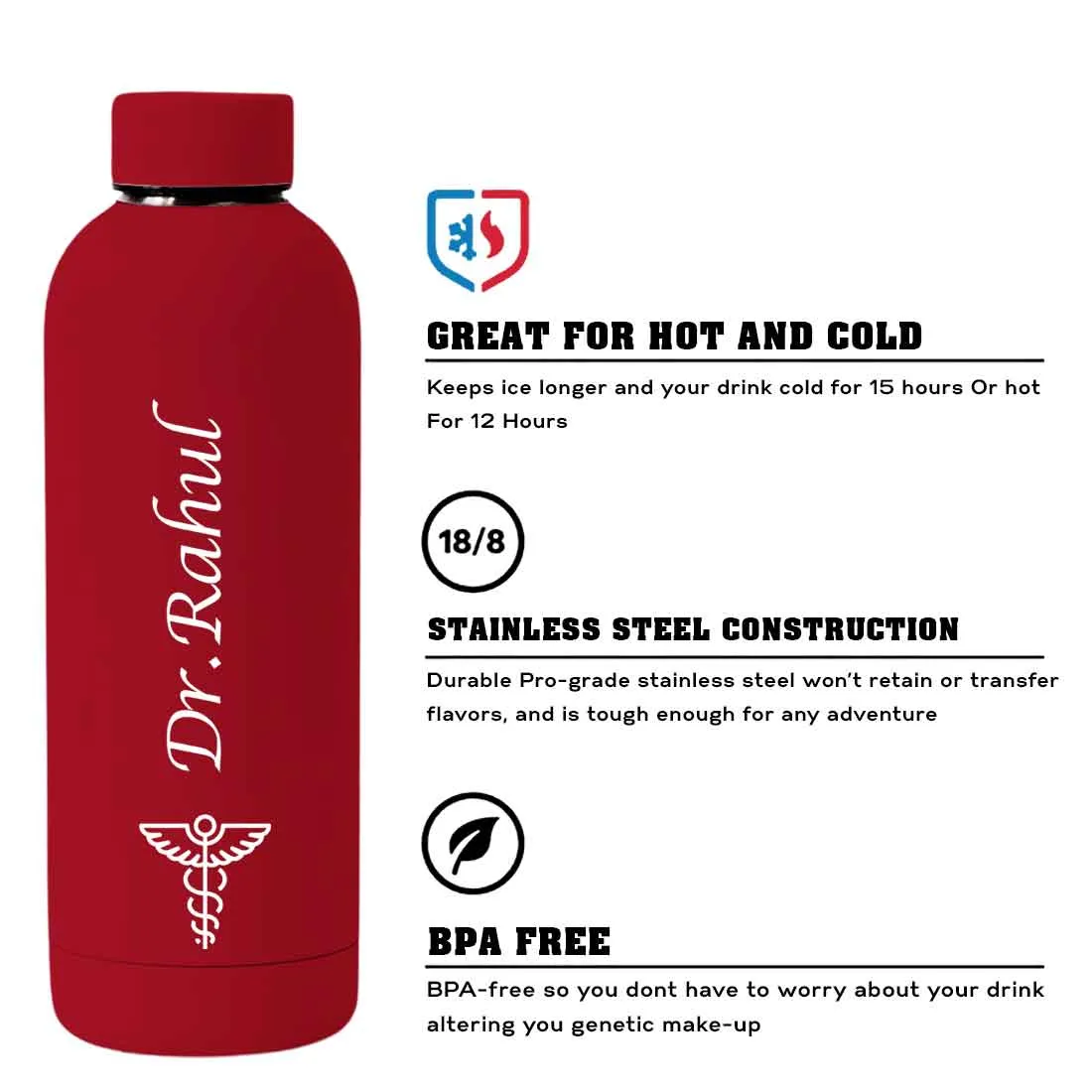 Custom Insulated Water Bottles for Doctors - Stainless Steel, BPA-Free, Leakproof Water Bottles for Travel, Hospital, Gym, and H