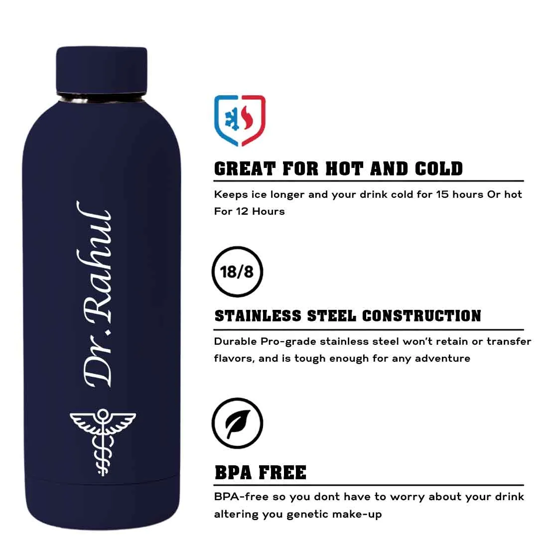 Custom Insulated Water Bottles for Doctors - Stainless Steel, BPA-Free, Leakproof Water Bottles for Travel, Hospital, Gym, and H