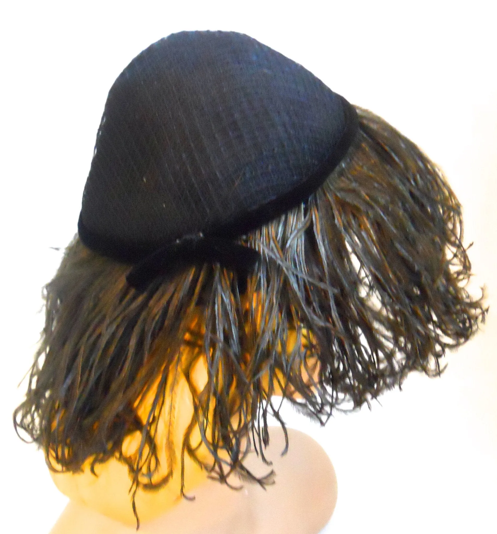 Dramatic Black Marabou Trimmed Peaked Marabou Hat circa 1950s