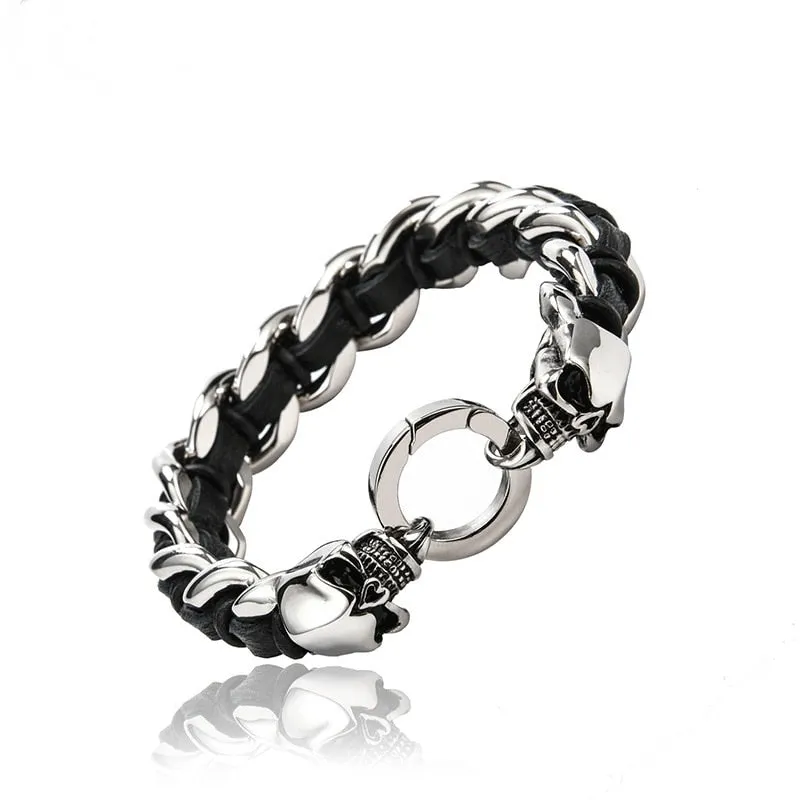 Dual Skull Stainless Steel Bracelet with Woven Cowhide