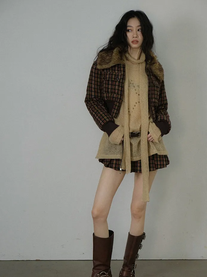 Fur Checked Letaher Short Retro Jacket