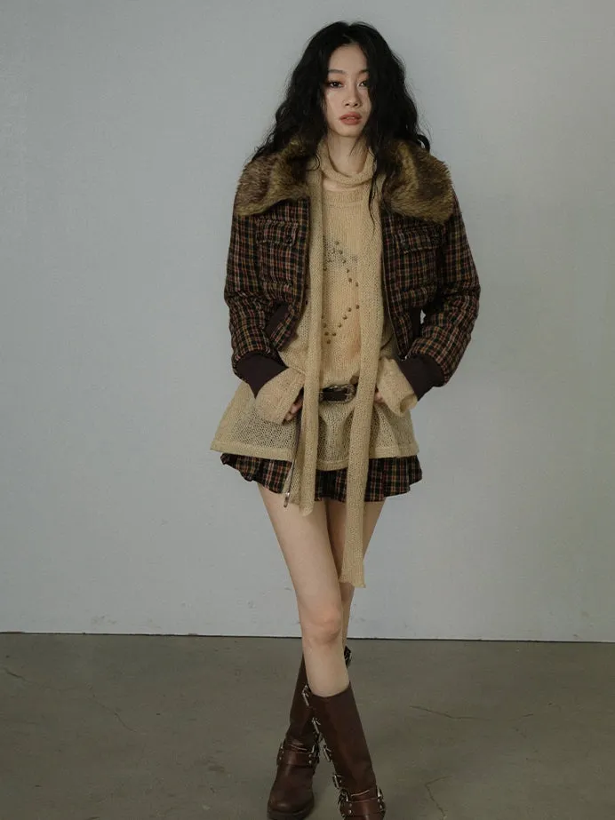 Fur Checked Letaher Short Retro Jacket