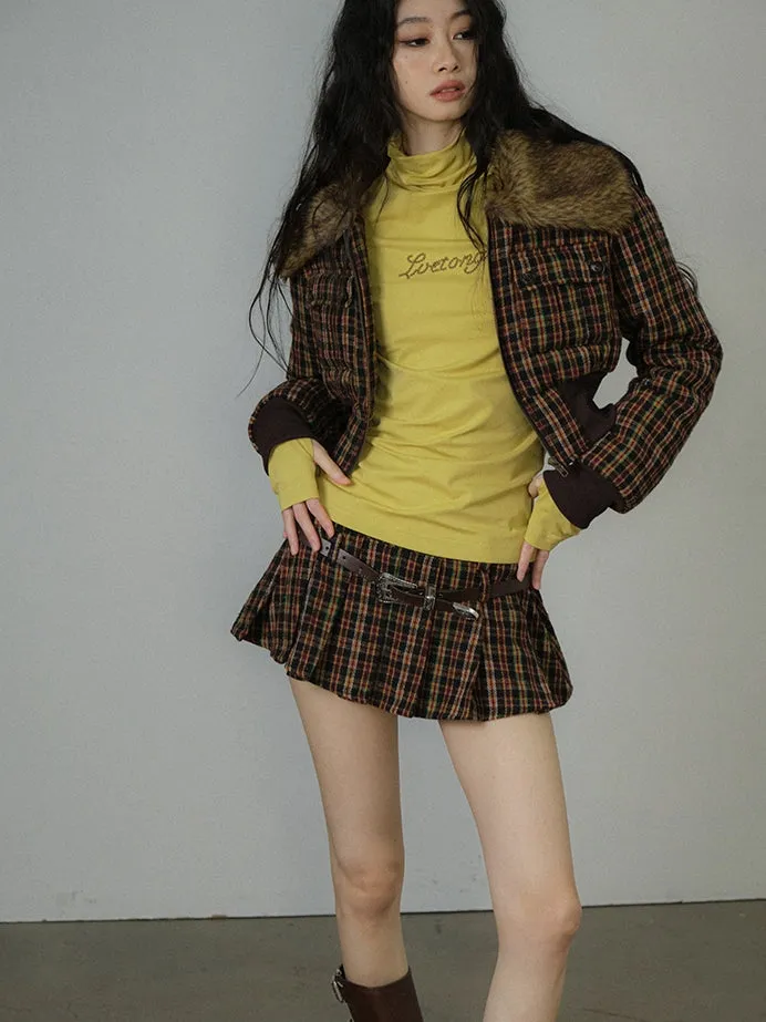 Fur Checked Letaher Short Retro Jacket