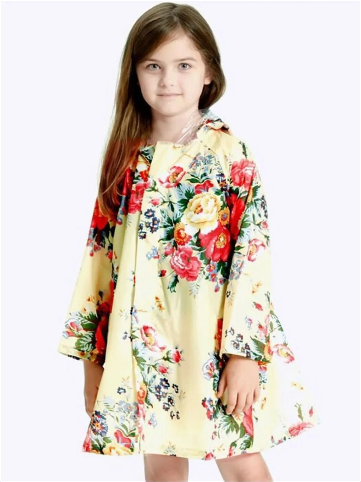 Girls Floral Print Hooded Transparent Raincoat