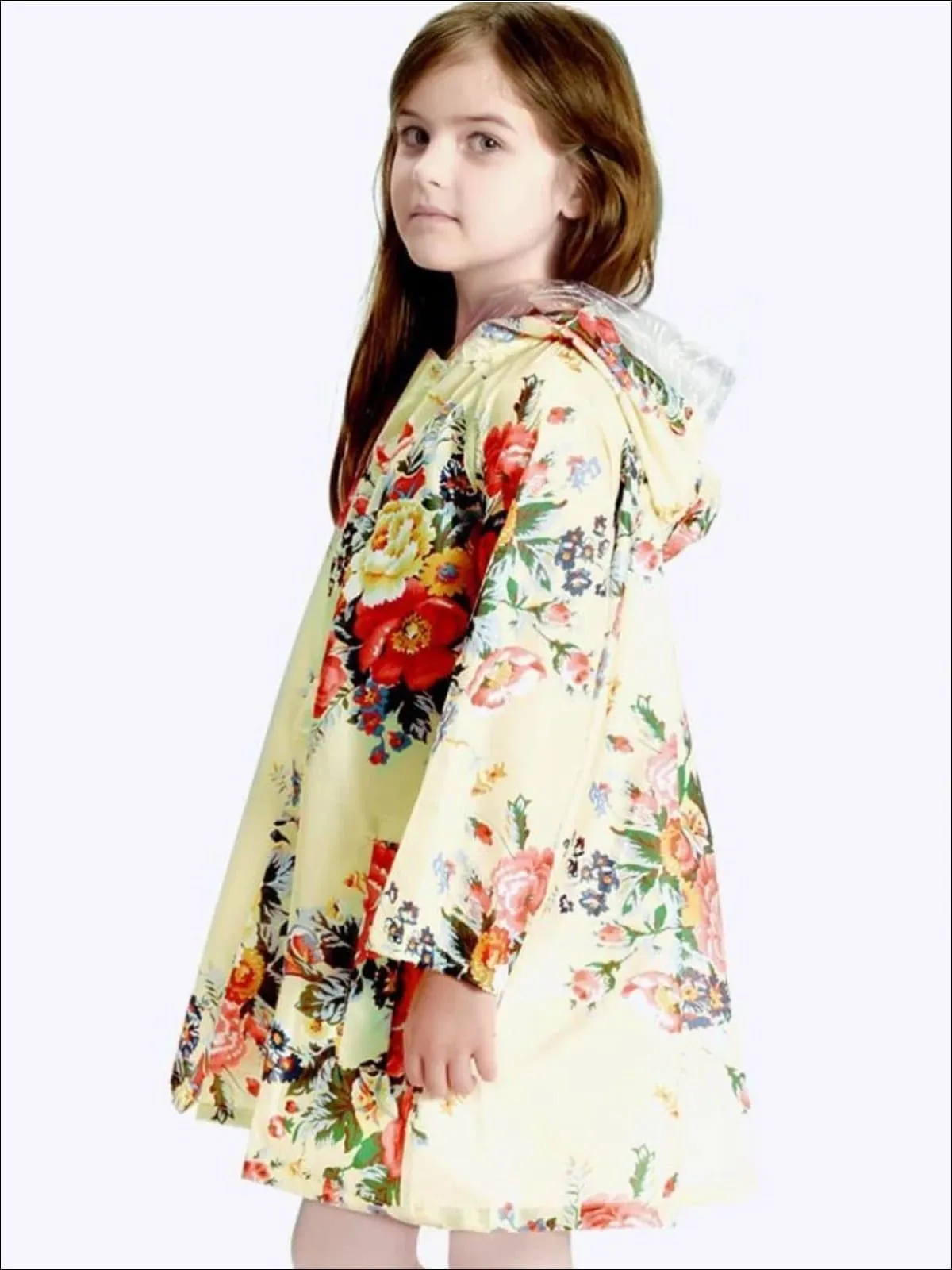 Girls Floral Print Hooded Transparent Raincoat