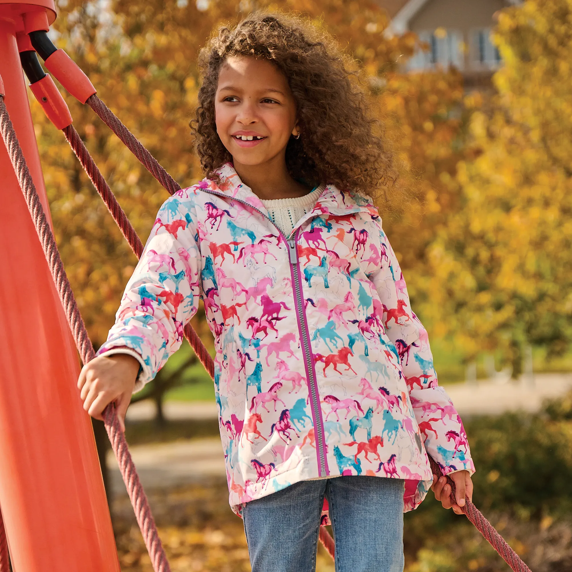 Girls Pink Horse Print Raincoat