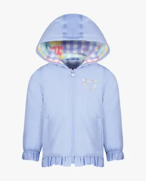 GIRLS SOLID ZIP FRONT HOODED RUFFLE RAINCOAT