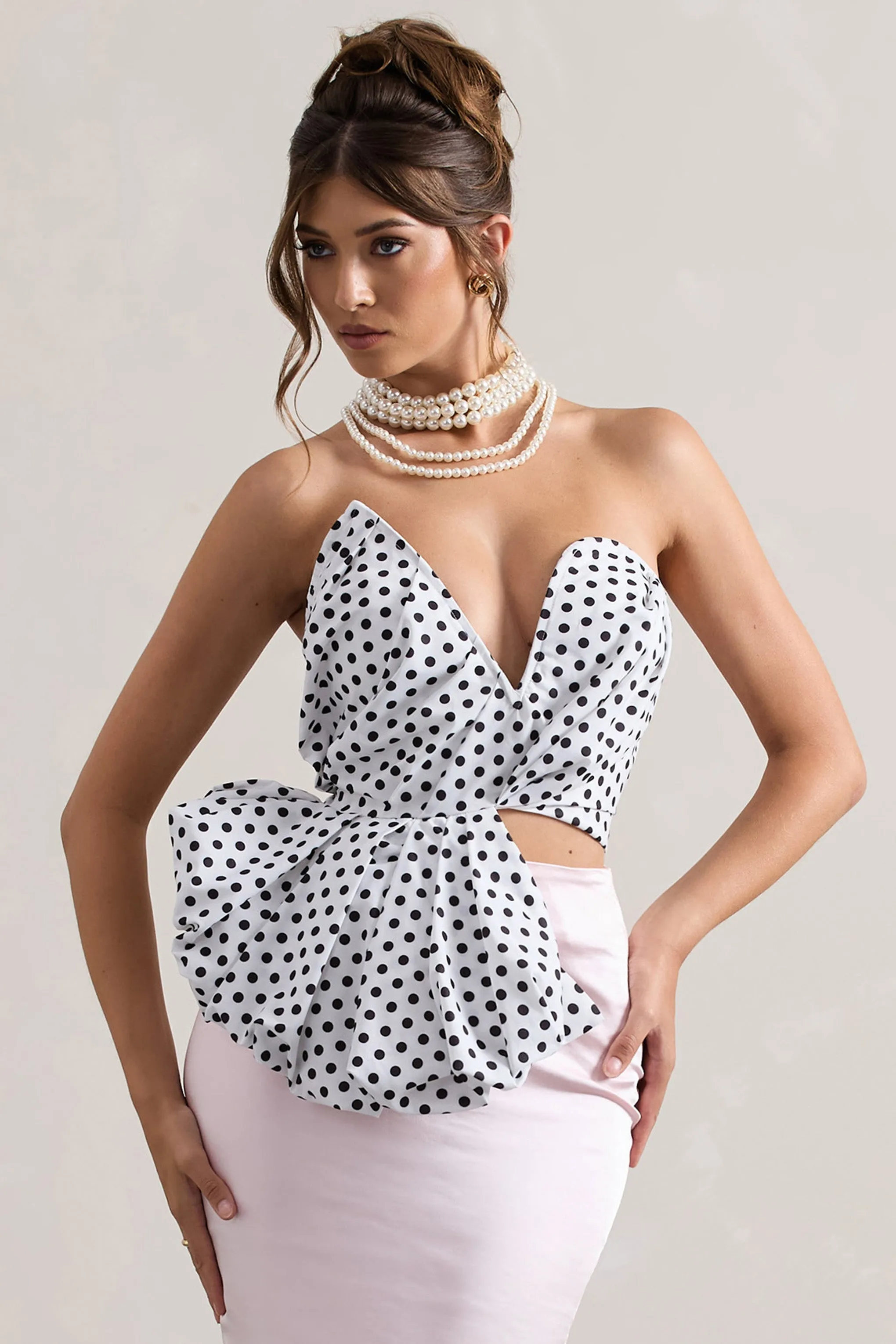 Haute | Cream Polka Dot Asymmetric Plunge-Neck Corset With Ruffle