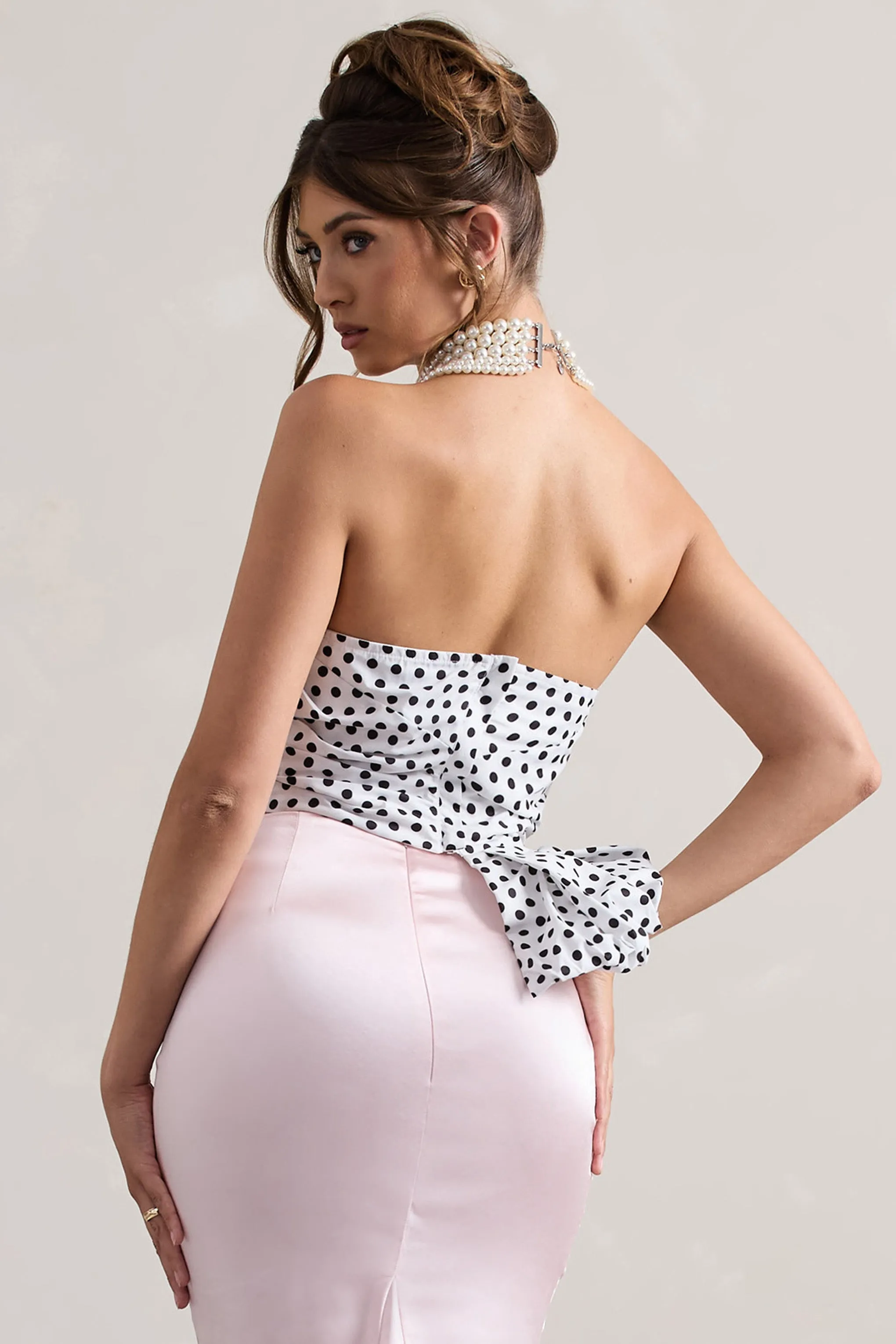 Haute | Cream Polka Dot Asymmetric Plunge-Neck Corset With Ruffle