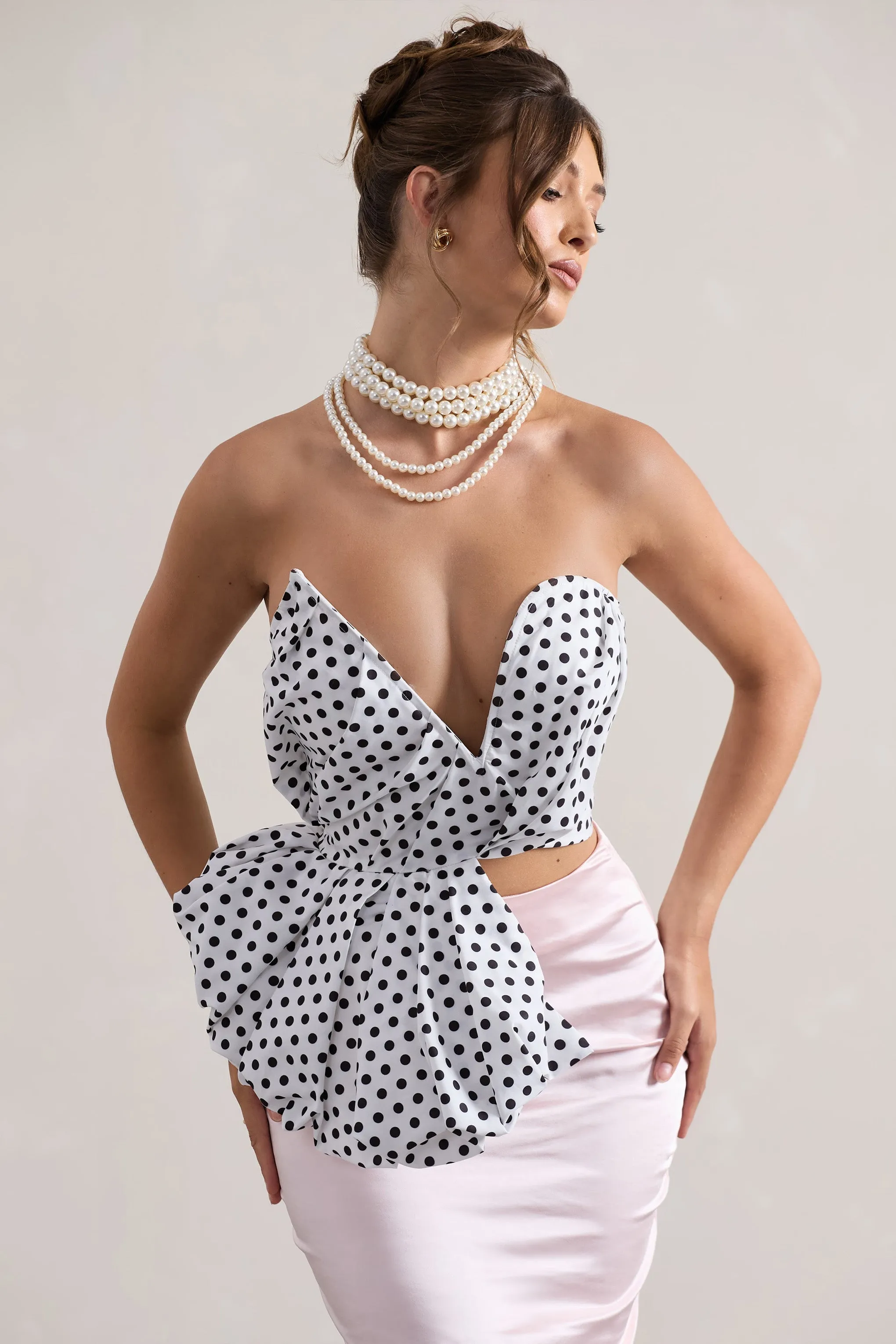 Haute | Cream Polka Dot Asymmetric Plunge-Neck Corset With Ruffle