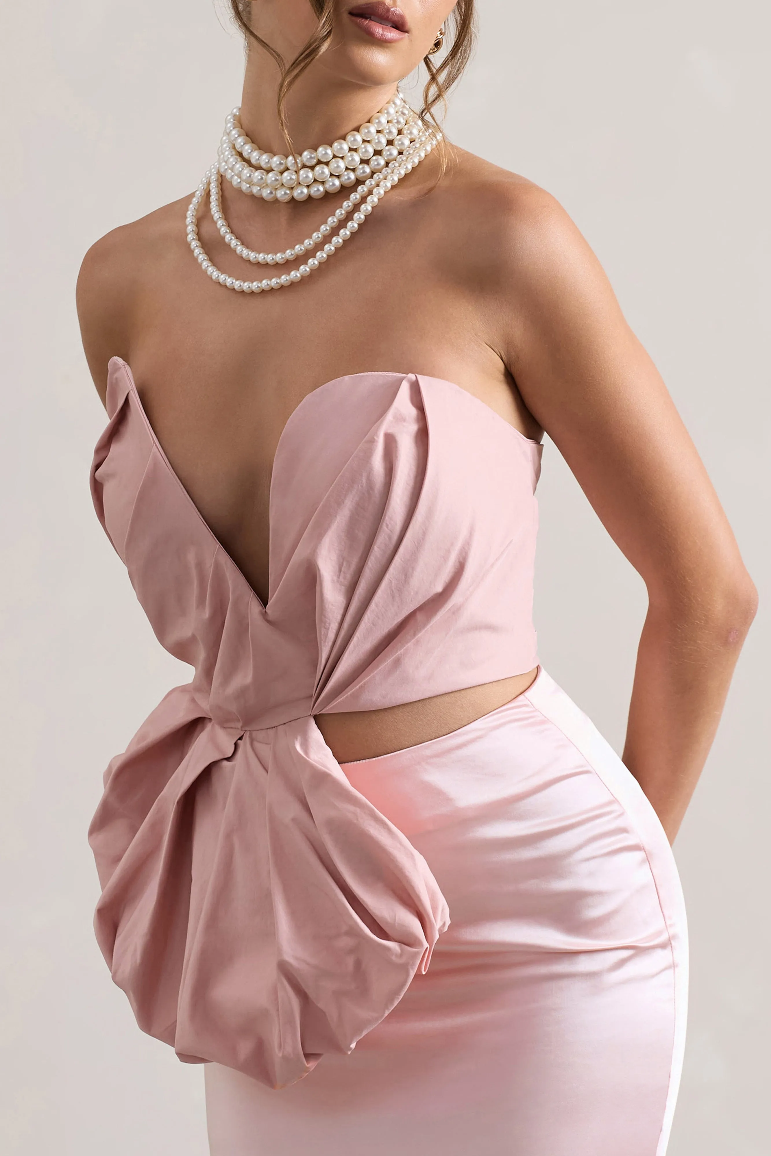 Haute | Pink Asymmetric Plunge-Neck Corset With Ruffle