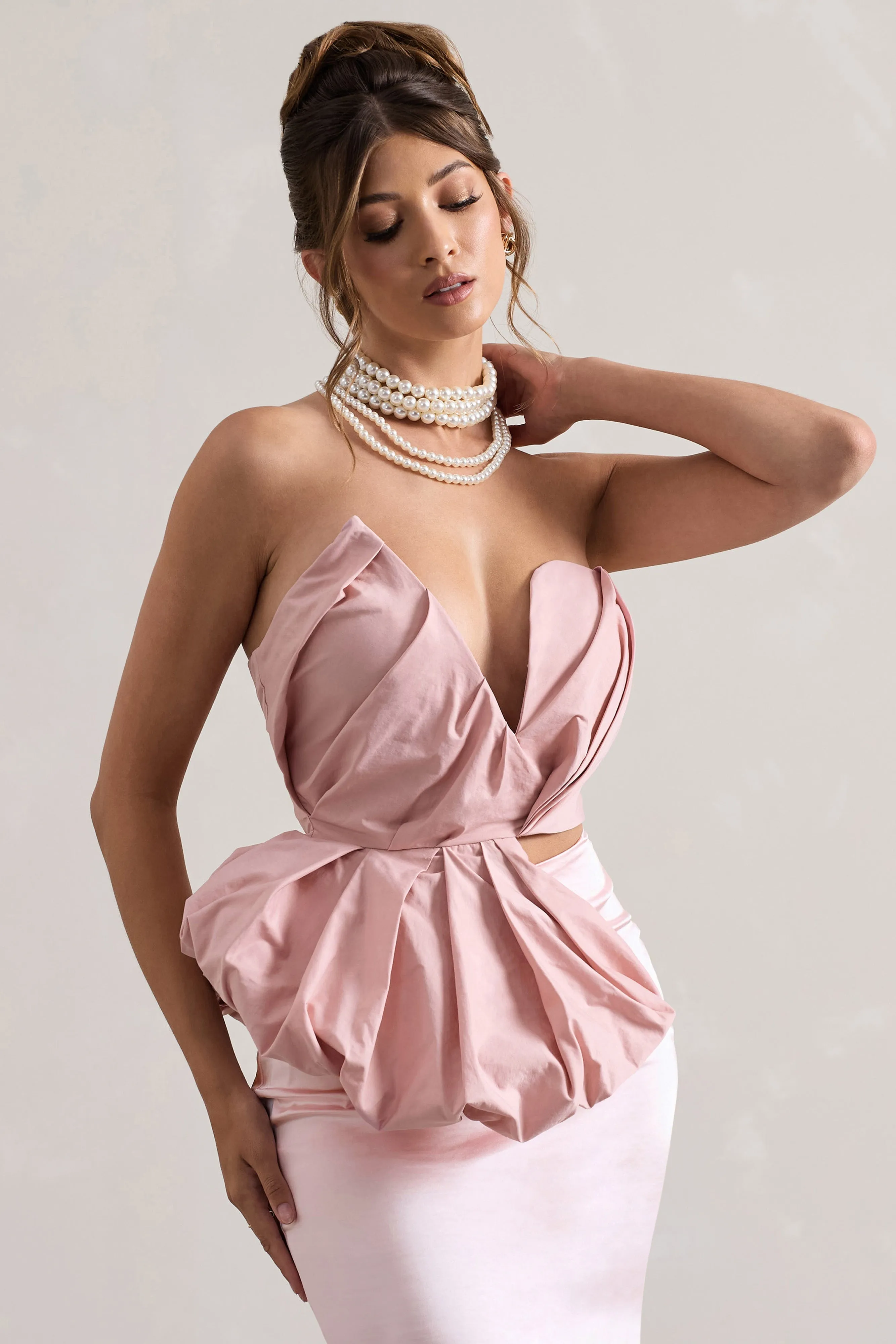 Haute | Pink Asymmetric Plunge-Neck Corset With Ruffle