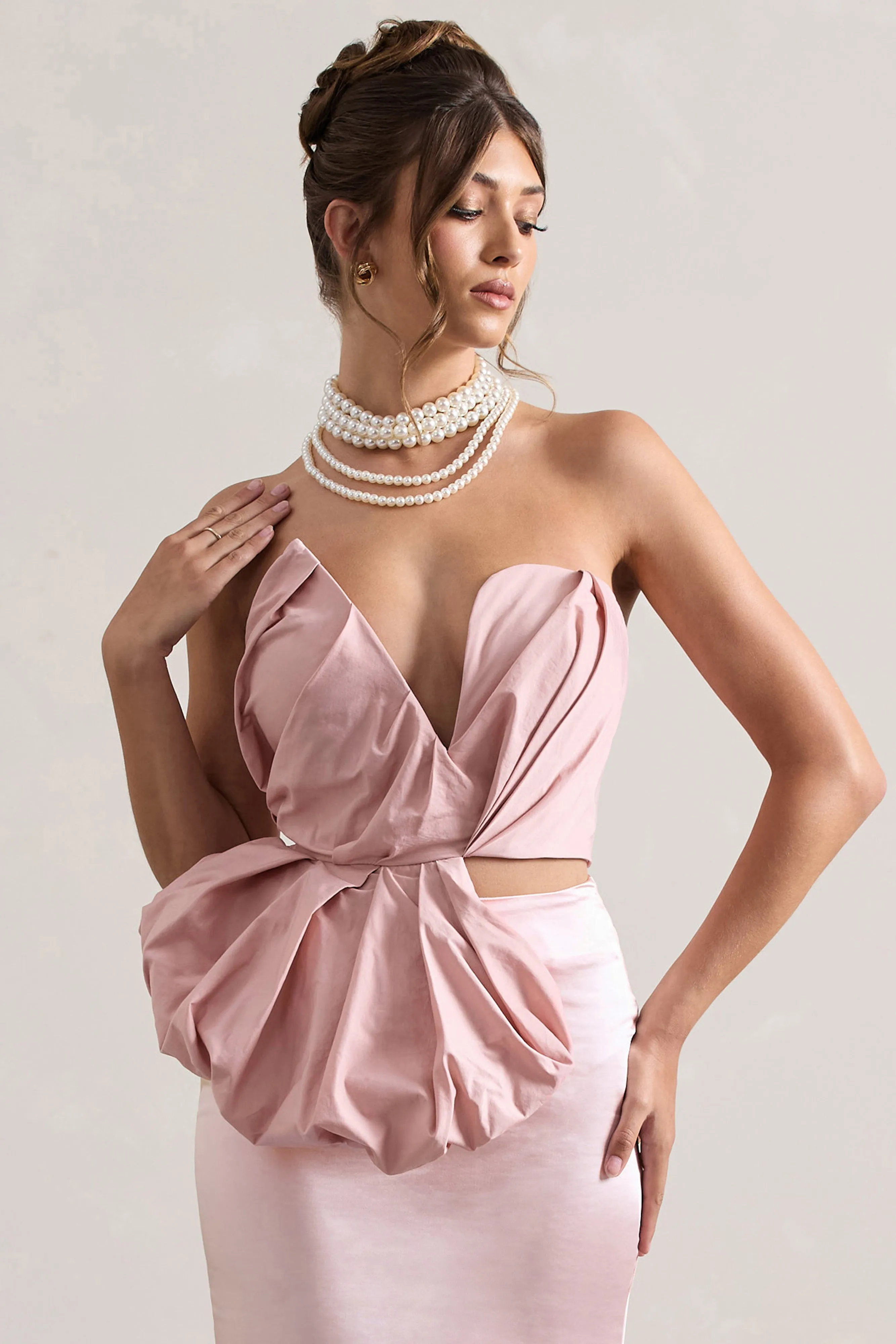 Haute | Pink Asymmetric Plunge-Neck Corset With Ruffle